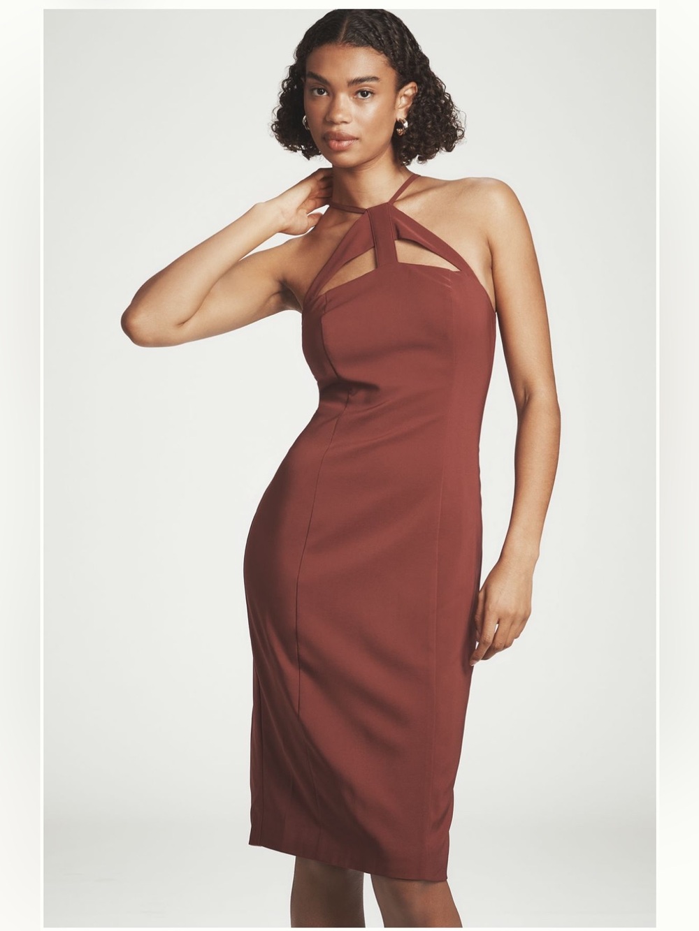 By Anthropologie Halter Cutout Slim Midi Dress in Cherrywood